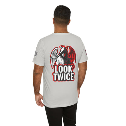 LOOK TWICE Angel & Devil Graphic T-Shirt | Duality Streetwear Tee | Good vs Evil Shirt | Unisex Graphic Tee