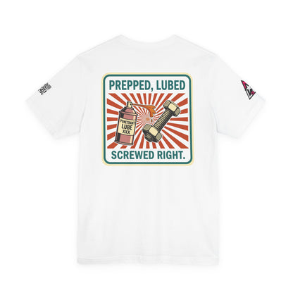 PREPPED, LUBED, SCREWED RIGHT Graphic T-Shirt | Mechanic Humor Tee | Funny Garage Shirt | Vintage Streetwear Tee