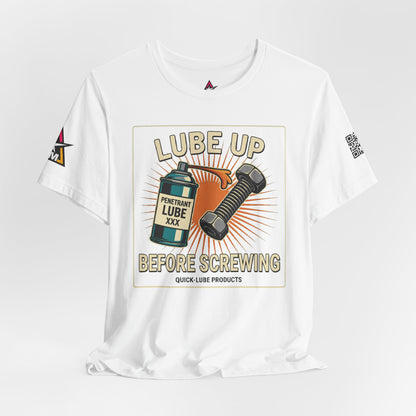 LUBE UP BEFORE SCREWING Graphic T-Shirt | Funny Mechanic Tee | Dirty Garage Humor Shirt | Vintage Automotive Tee