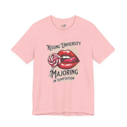 “KISSING UNIVERSITY MAJORING IN TEMPTATION.” Provocative Lips Graphic T-Shirt