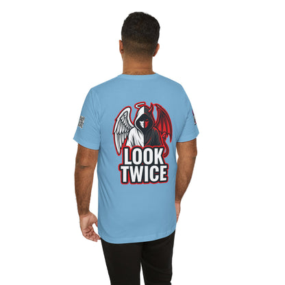 LOOK TWICE Angel & Devil Graphic T-Shirt | Duality Streetwear Tee | Good vs Evil Shirt | Unisex Graphic Tee
