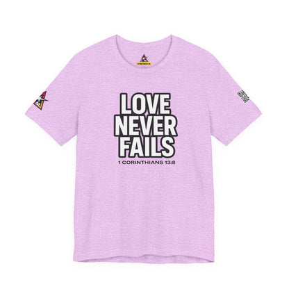 Love Never Fails Graphic T-Shirt | 1 Corinthians 13:8 Christian Tee | Faith & Love Streetwear