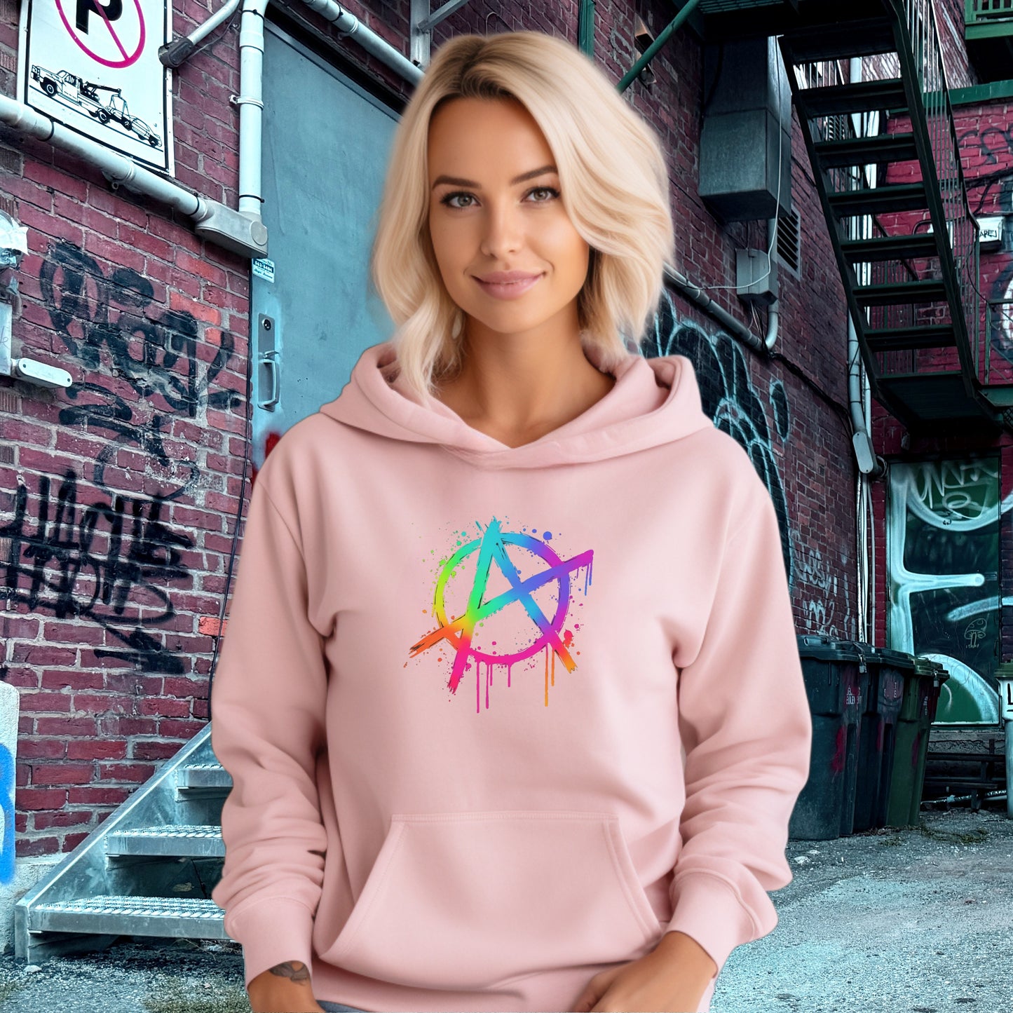 Colorful Anarchy Symbol Hoodie with Urban Graffiti Design