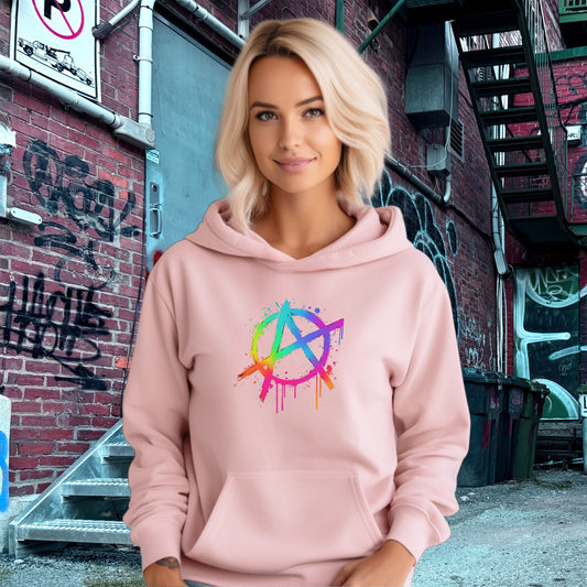 Colorful Anarchy Symbol Hoodie with Urban Graffiti Design