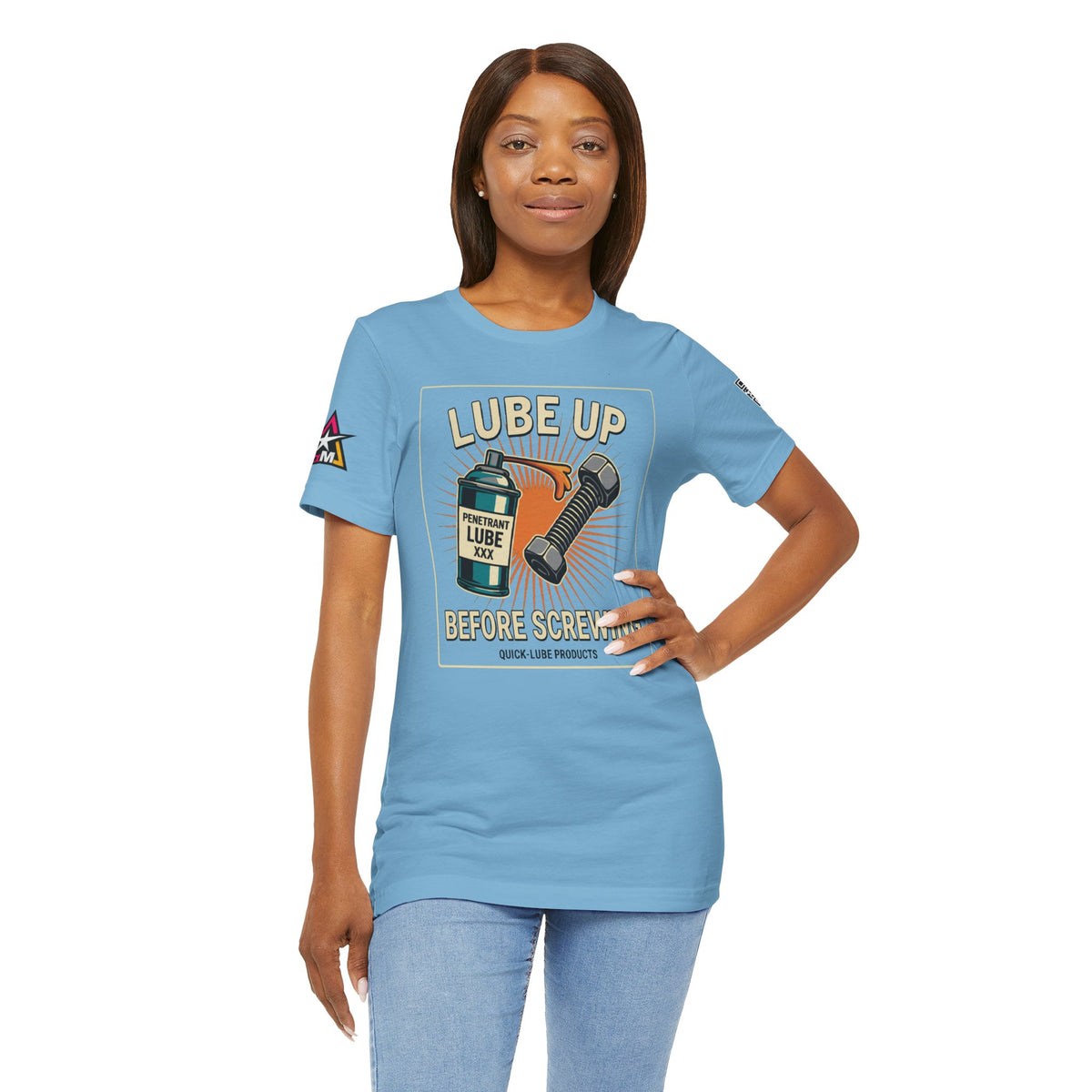 LUBE UP BEFORE SCREWING Graphic T-Shirt | Funny Mechanic Tee | Dirty Garage Humor Shirt | Vintage Automotive Tee