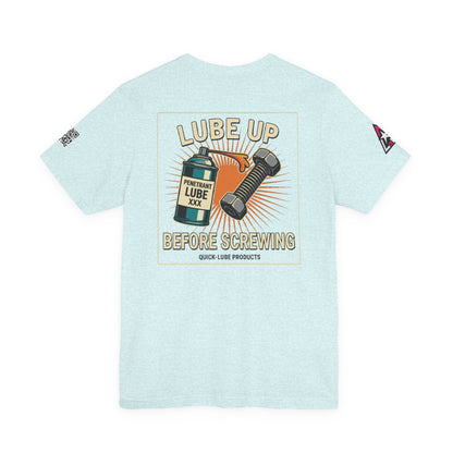 LUBE UP BEFORE SCREWING Graphic T-Shirt | Funny Mechanic Tee | Dirty Garage Humor Shirt | Vintage Automotive Tee