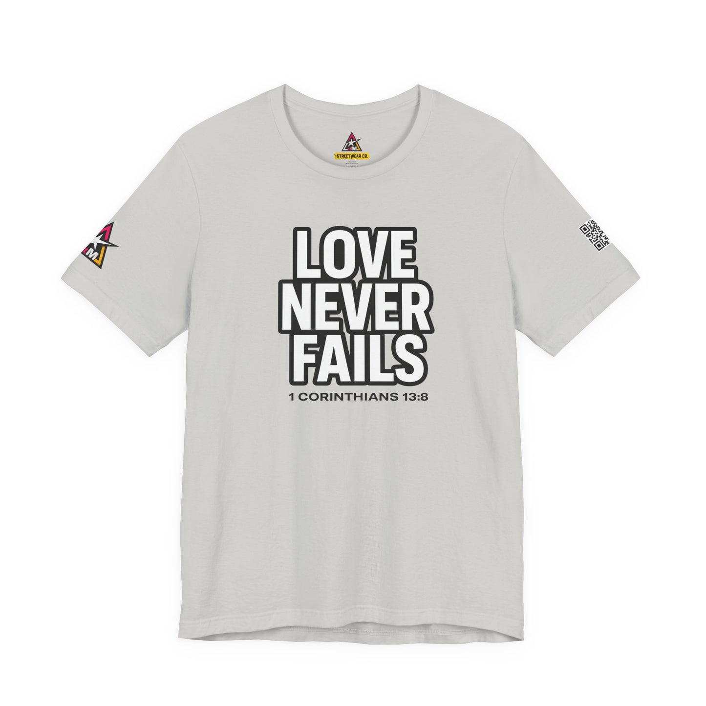 Love Never Fails Graphic T-Shirt | 1 Corinthians 13:8 Christian Tee | Faith & Love Streetwear