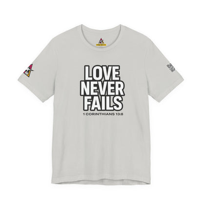 Love Never Fails Graphic T-Shirt | 1 Corinthians 13:8 Christian Tee | Faith & Love Streetwear