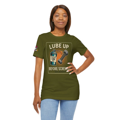 LUBE UP BEFORE SCREWING Graphic T-Shirt | Funny Mechanic Tee | Dirty Garage Humor Shirt | Vintage Automotive Tee