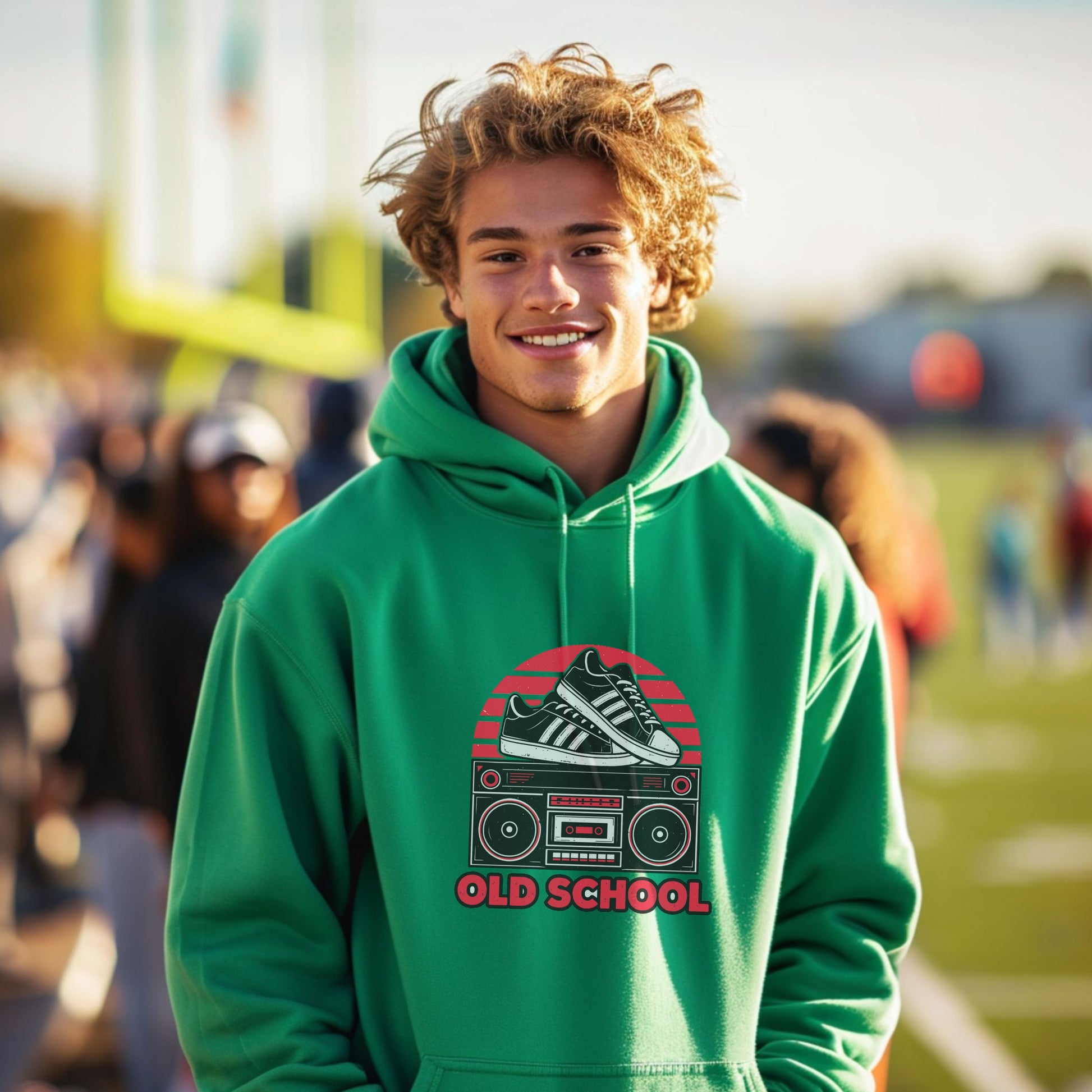 Vintage Style Hoodie with Retro Boombox and Sneakers