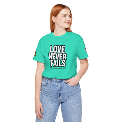 Love Never Fails Graphic T-Shirt | 1 Corinthians 13:8 Christian Tee | Faith & Love Streetwear