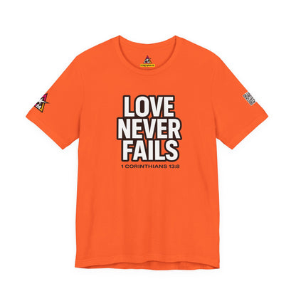 Love Never Fails Graphic T-Shirt | 1 Corinthians 13:8 Christian Tee | Faith & Love Streetwear