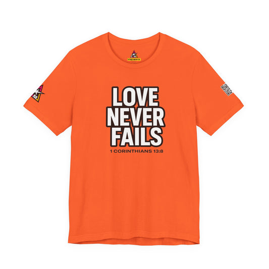 Love Never Fails Graphic T-Shirt | 1 Corinthians 13:8 Christian Tee | Faith & Love Streetwear