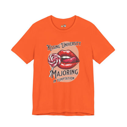 “KISSING UNIVERSITY MAJORING IN TEMPTATION.” Provocative Lips Graphic T-Shirt