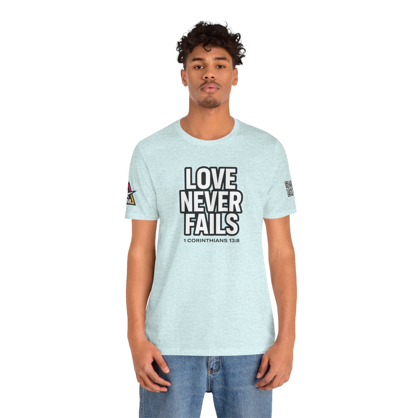 Love Never Fails Graphic T-Shirt | 1 Corinthians 13:8 Christian Tee | Faith & Love Streetwear