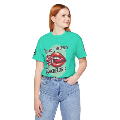 Kissing University Bachelor’s Graphic T-Shirt | Flirty Retro Tee | Funny Kissing Shirt