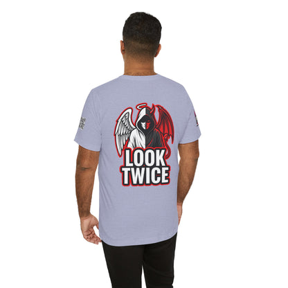 LOOK TWICE Angel & Devil Graphic T-Shirt | Duality Streetwear Tee | Good vs Evil Shirt | Unisex Graphic Tee