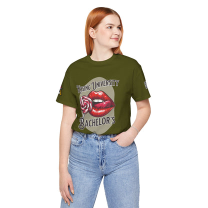 Kissing University Bachelor’s Graphic T-Shirt | Flirty Retro Tee | Funny Kissing Shirt