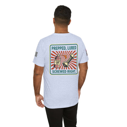 PREPPED, LUBED, SCREWED RIGHT Graphic T-Shirt | Mechanic Humor Tee | Funny Garage Shirt | Vintage Streetwear Tee