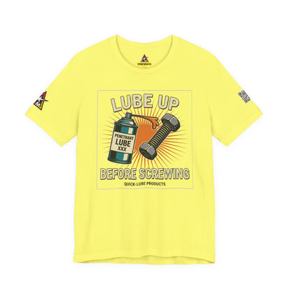 LUBE UP BEFORE SCREWING Graphic T-Shirt | Funny Mechanic Tee | Dirty Garage Humor Shirt | Vintage Automotive Tee