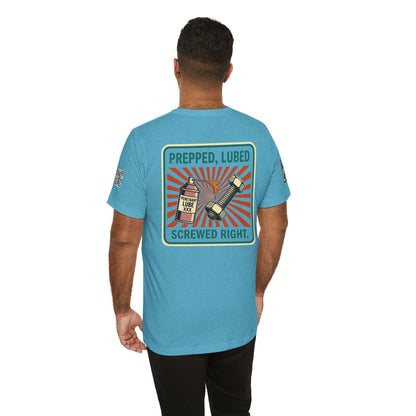 PREPPED, LUBED, SCREWED RIGHT Graphic T-Shirt | Mechanic Humor Tee | Funny Garage Shirt | Vintage Streetwear Tee