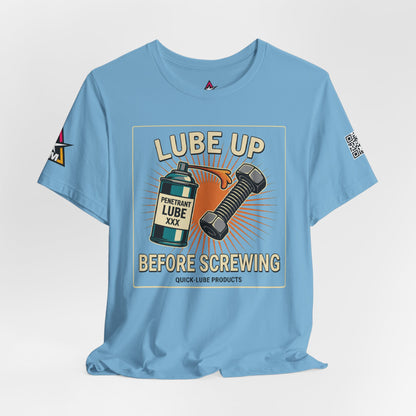 LUBE UP BEFORE SCREWING Graphic T-Shirt | Funny Mechanic Tee | Dirty Garage Humor Shirt | Vintage Automotive Tee