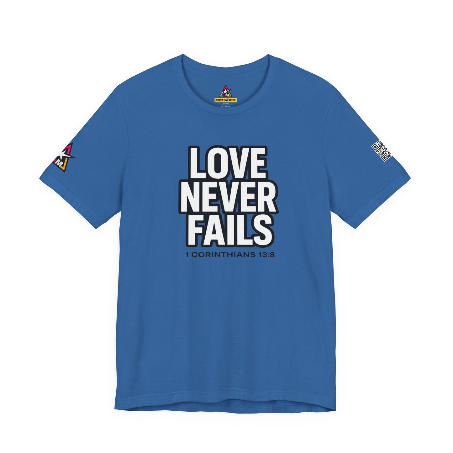 Love Never Fails Graphic T-Shirt | 1 Corinthians 13:8 Christian Tee | Faith & Love Streetwear