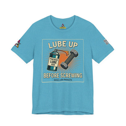 LUBE UP BEFORE SCREWING Graphic T-Shirt | Funny Mechanic Tee | Dirty Garage Humor Shirt | Vintage Automotive Tee