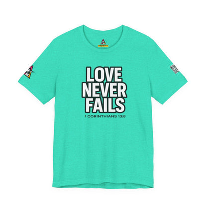 Love Never Fails Graphic T-Shirt | 1 Corinthians 13:8 Christian Tee | Faith & Love Streetwear
