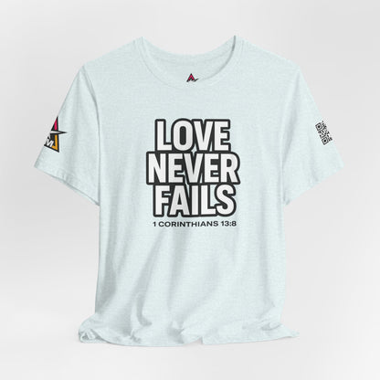Love Never Fails Graphic T-Shirt | 1 Corinthians 13:8 Christian Tee | Faith & Love Streetwear