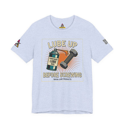 LUBE UP BEFORE SCREWING Graphic T-Shirt | Funny Mechanic Tee | Dirty Garage Humor Shirt | Vintage Automotive Tee