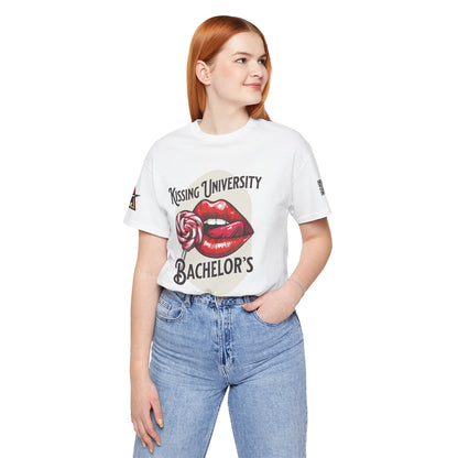 Kissing University Bachelor’s Graphic T-Shirt | Flirty Retro Tee | Funny Kissing Shirt