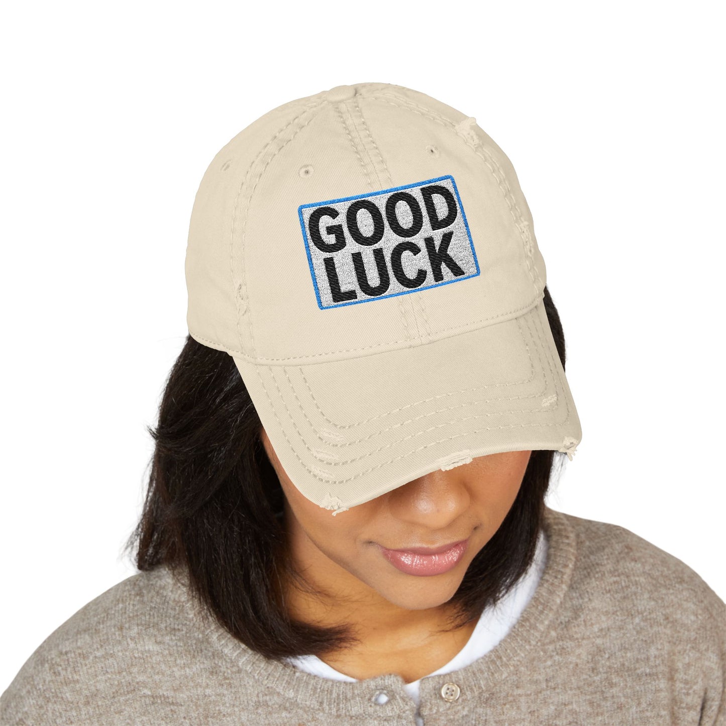 GOOD LUCK Embroidered Vintage Dad Hat | Distressed Baseball Cap | Washed Cotton Adjustable Cap