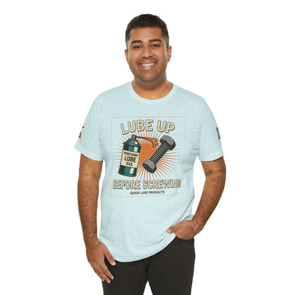 LUBE UP BEFORE SCREWING Graphic T-Shirt | Funny Mechanic Tee | Dirty Garage Humor Shirt | Vintage Automotive Tee