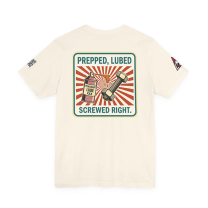 PREPPED, LUBED, SCREWED RIGHT Graphic T-Shirt | Mechanic Humor Tee | Funny Garage Shirt | Vintage Streetwear Tee