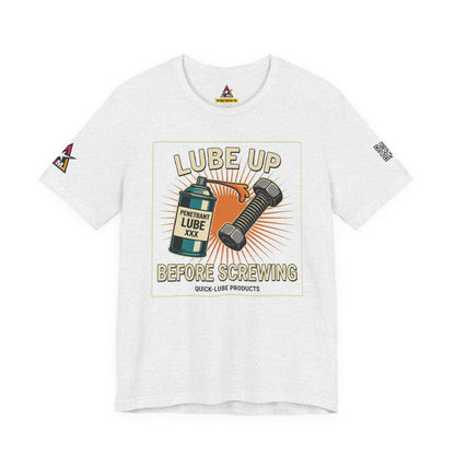 LUBE UP BEFORE SCREWING Graphic T-Shirt | Funny Mechanic Tee | Dirty Garage Humor Shirt | Vintage Automotive Tee