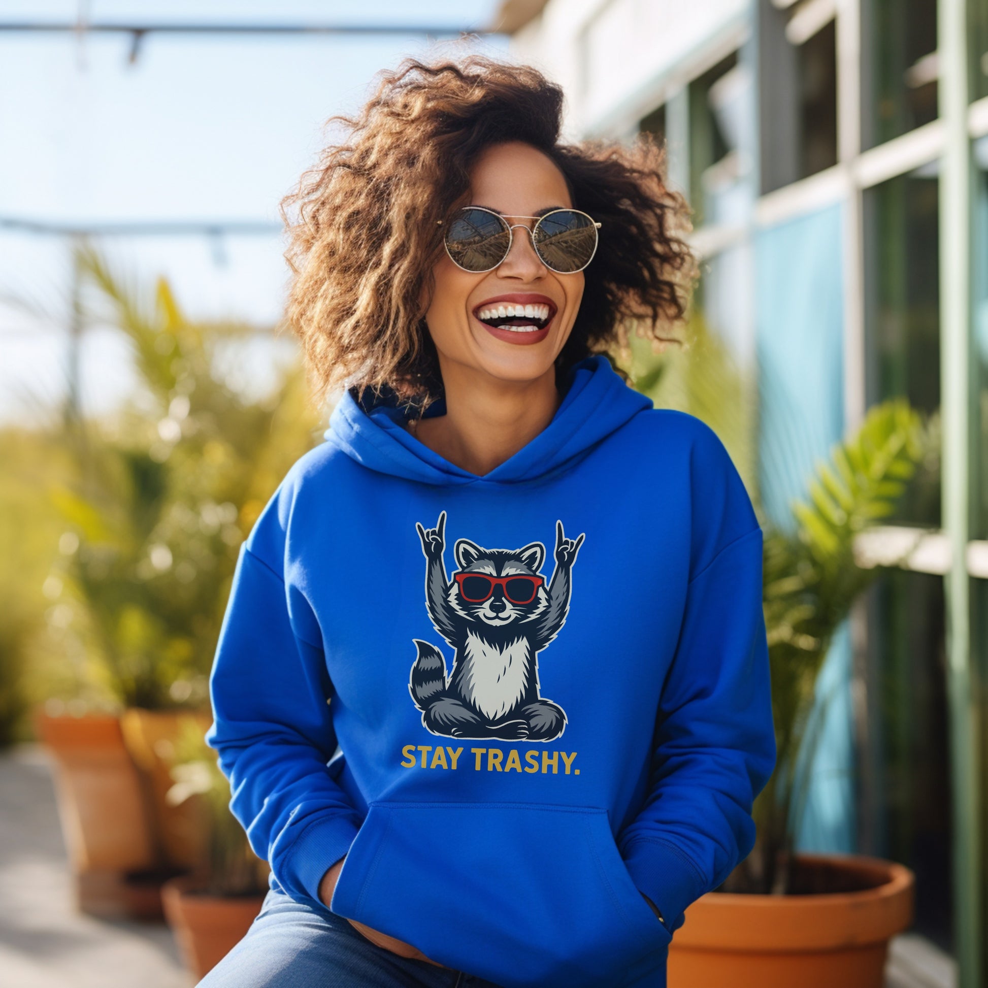 Stay Trashy Raccoon Hoodie with Sunglasses Design
