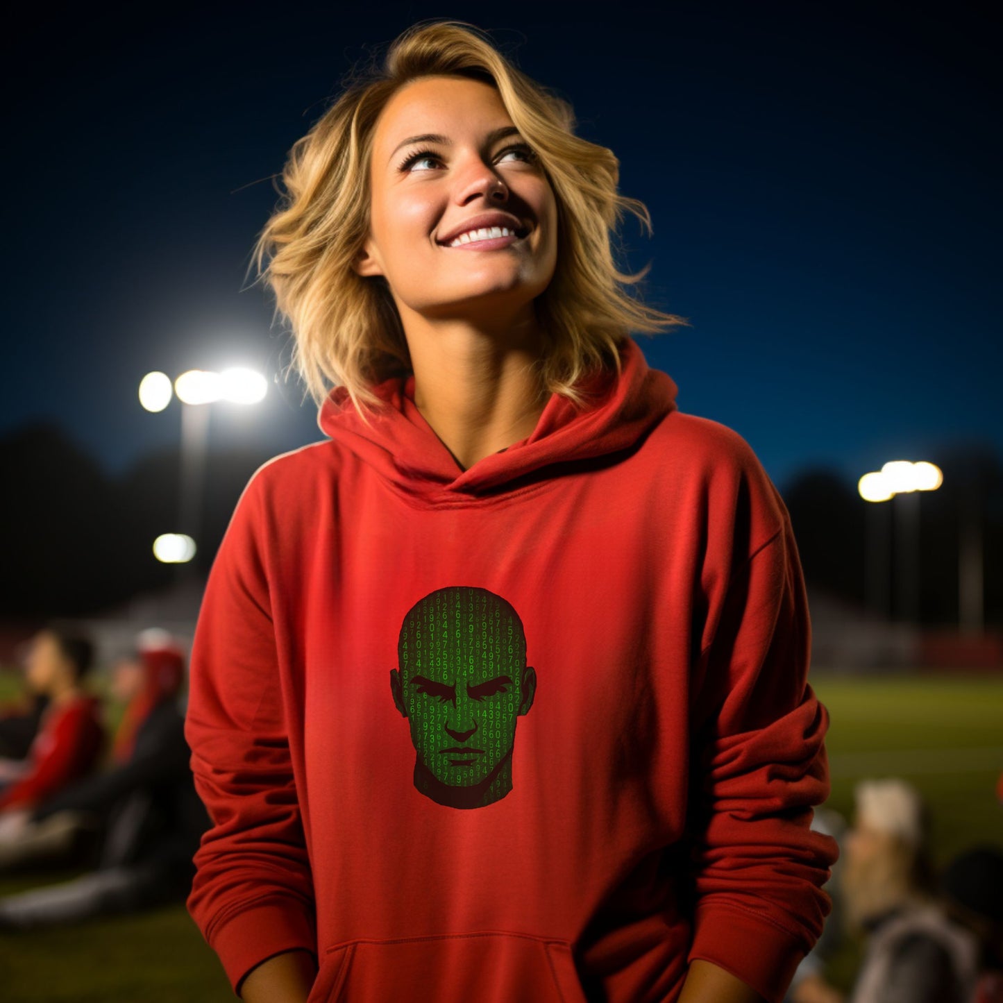 Stylish Red Hoodie with Futuristic Face Design