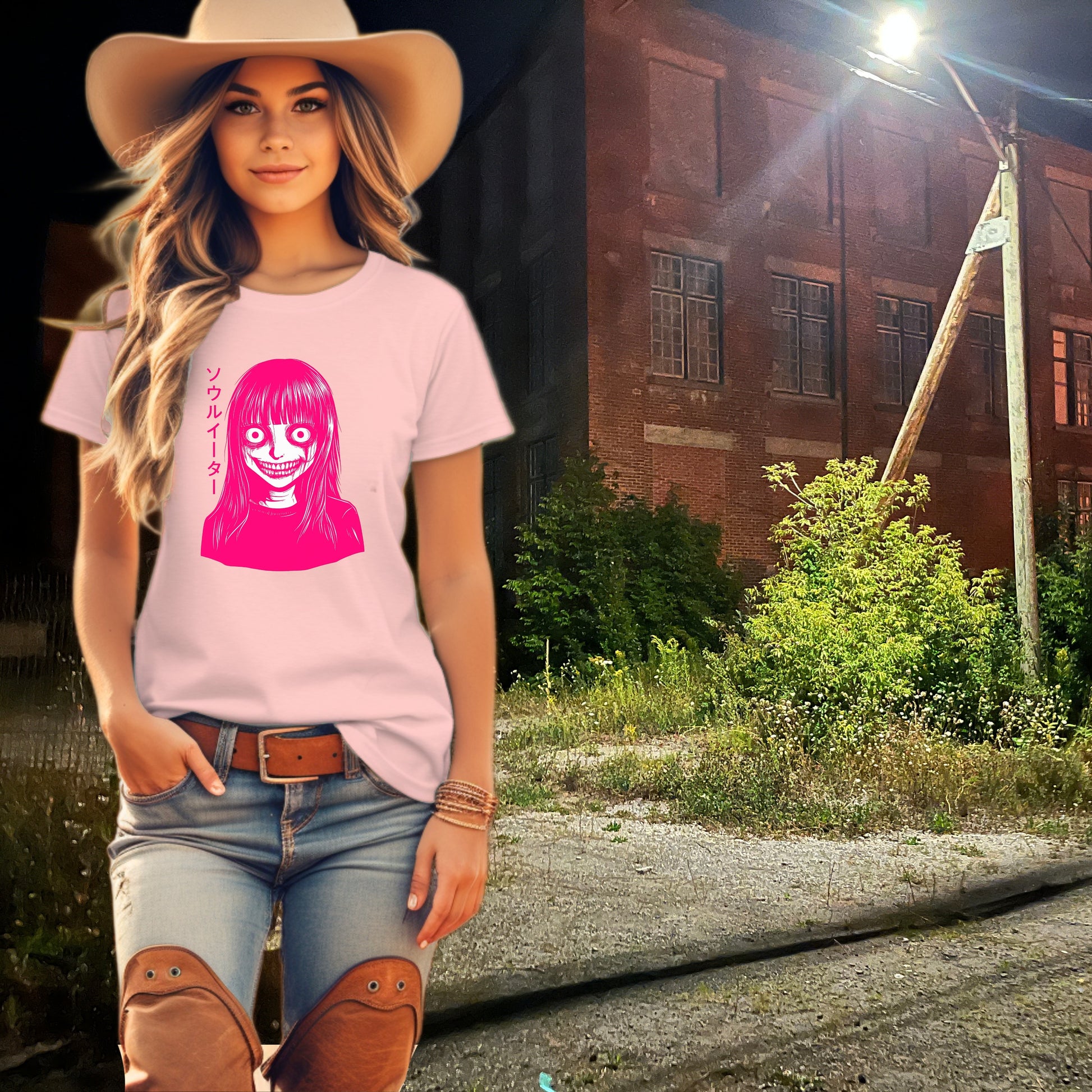 Graphic Tee with Creepy Smile Art Illustration