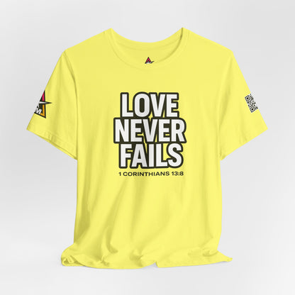 Love Never Fails Graphic T-Shirt | 1 Corinthians 13:8 Christian Tee | Faith & Love Streetwear