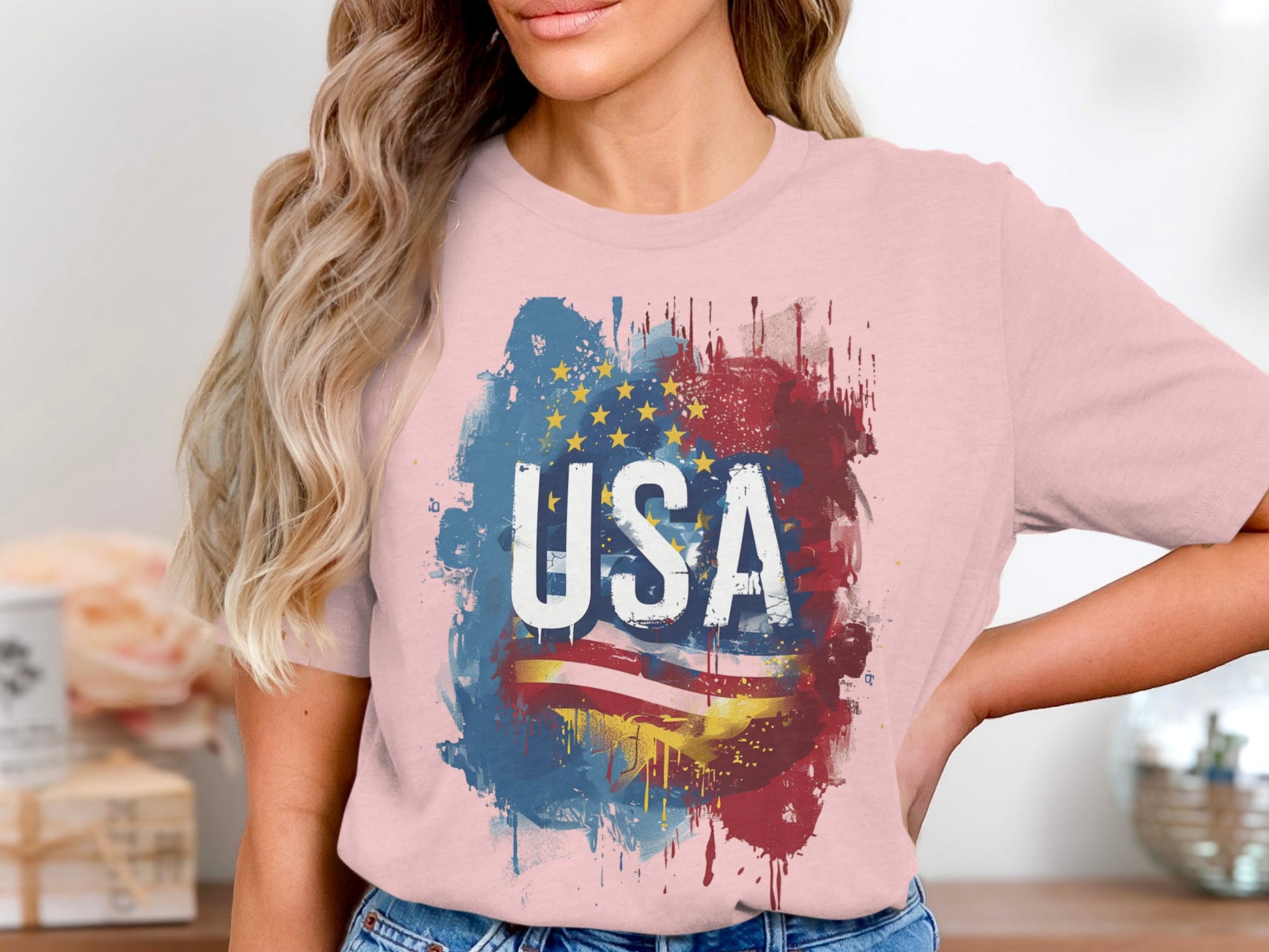 Stylish USA Flag Graphic Print Pink Shirt product