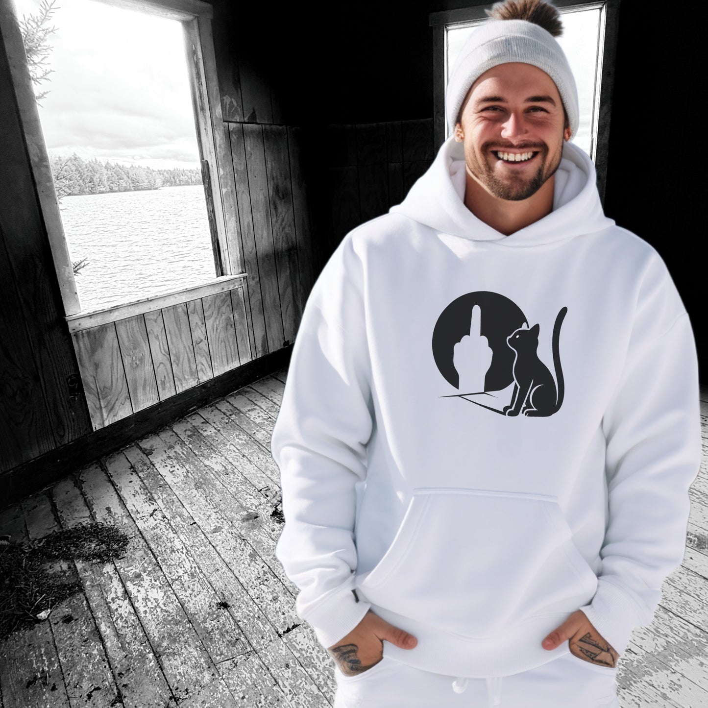 Graphic Hoodie with Cat and Middle Finger Design