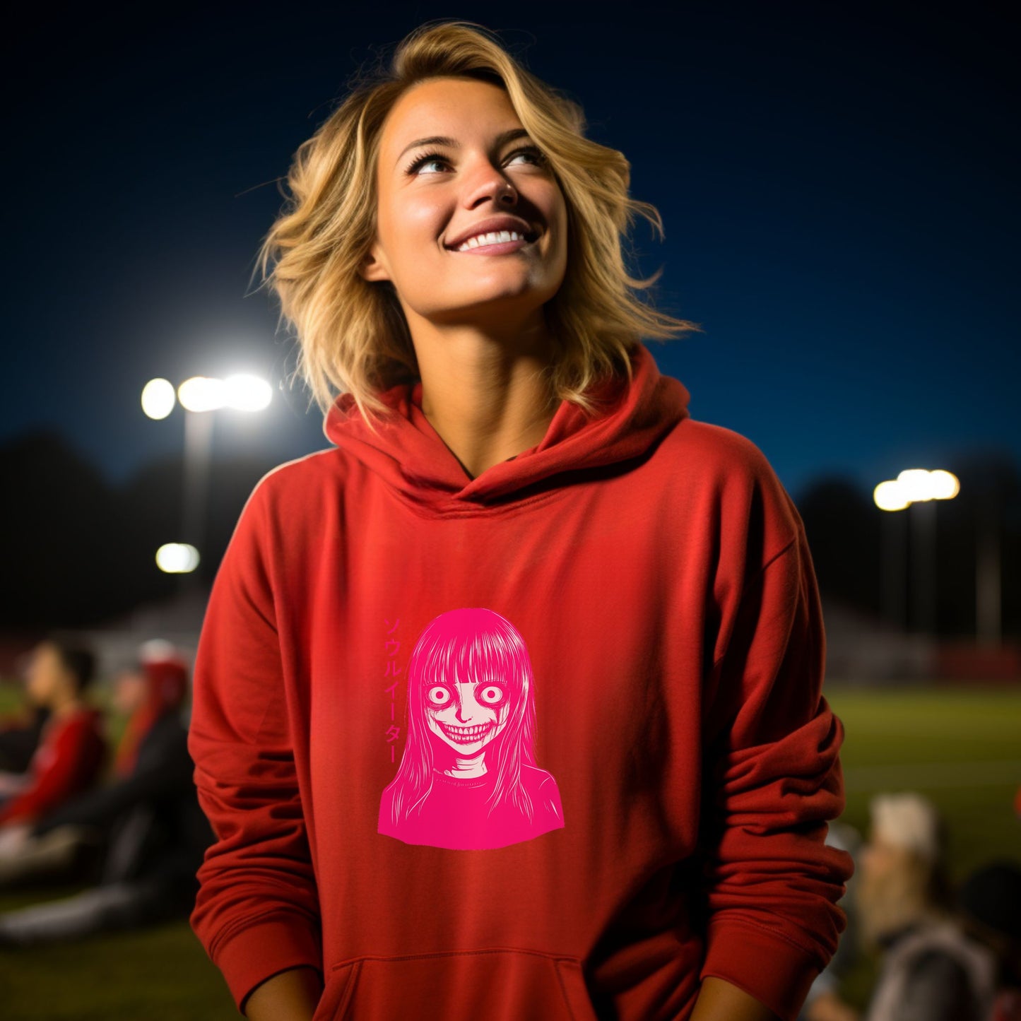 Bright Red Hoodie with Unique Cartoon Face Design