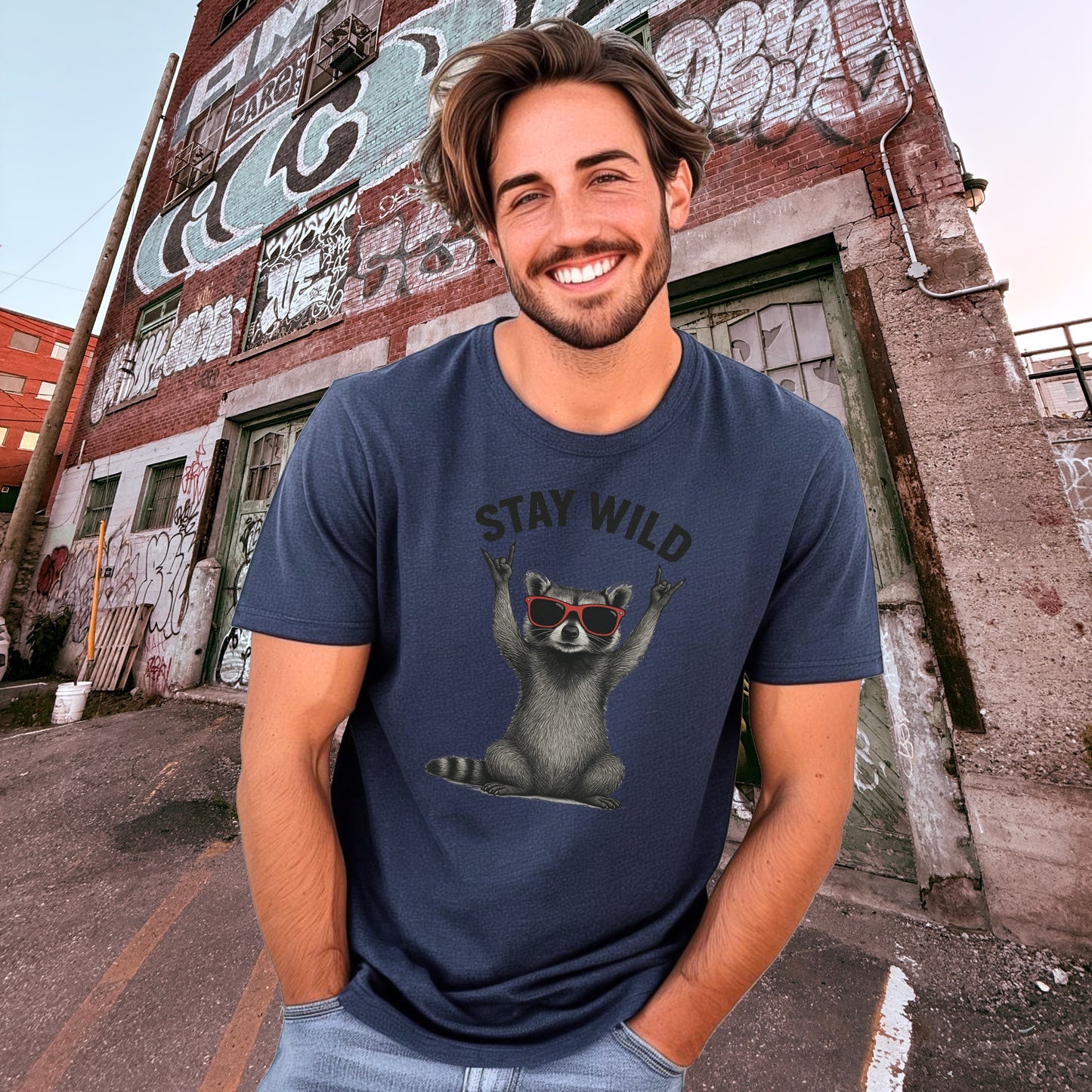 Stay Wild Raccoon With Sunglasses Graphic Tee