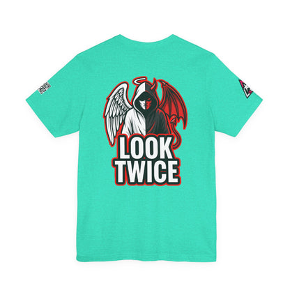 LOOK TWICE Angel & Devil Graphic T-Shirt | Duality Streetwear Tee | Good vs Evil Shirt | Unisex Graphic Tee