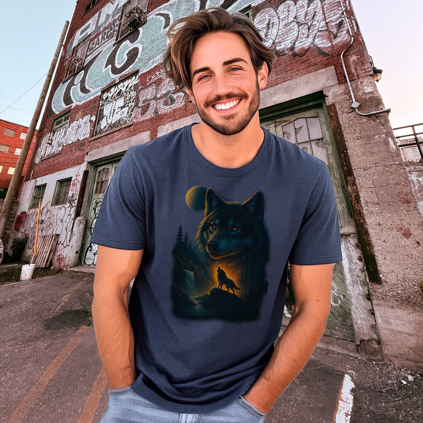 Wolf and Moon Graphic T-Shirt for Men