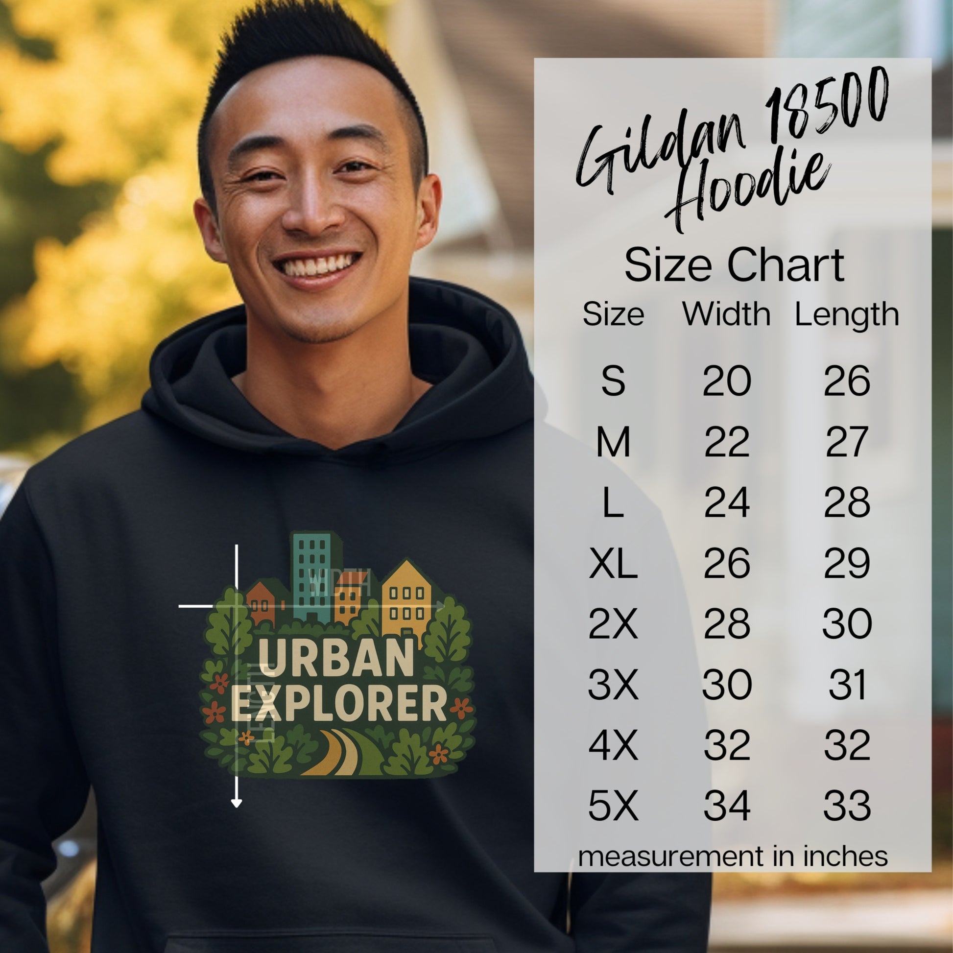 Urban Explorer Hoodie with Size Chart Gildan 18500