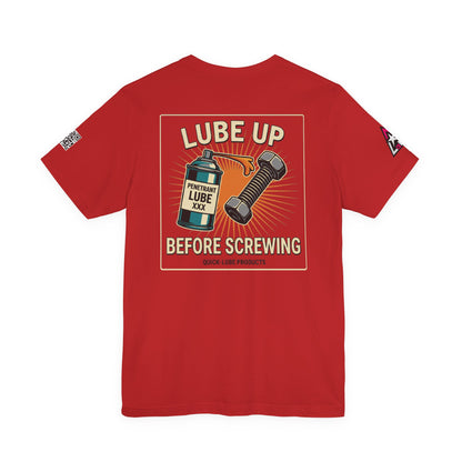 LUBE UP BEFORE SCREWING Graphic T-Shirt | Funny Mechanic Tee | Dirty Garage Humor Shirt | Vintage Automotive Tee