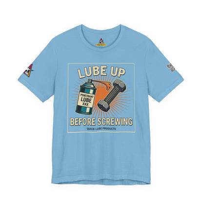 LUBE UP BEFORE SCREWING Graphic T-Shirt | Funny Mechanic Tee | Dirty Garage Humor Shirt | Vintage Automotive Tee
