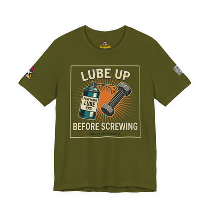 LUBE UP BEFORE SCREWING Graphic T-Shirt | Funny Mechanic Tee | Dirty Garage Humor Shirt | Vintage Automotive Tee